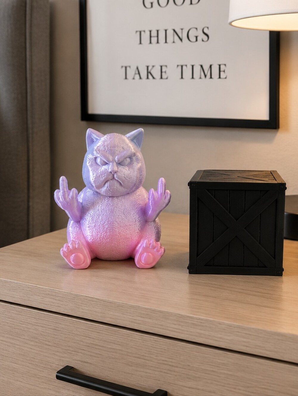3D Printed Grumpy Cat Figurine on Crate Desk Decor Removable Cat IK3D - Picture 5 of 9